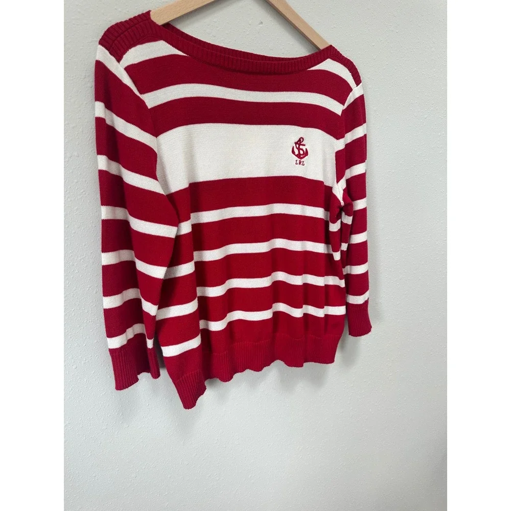Lauren Ralph Lauren‎ Sweater Womens XL Red White Striped Nautical Anchor Preppy